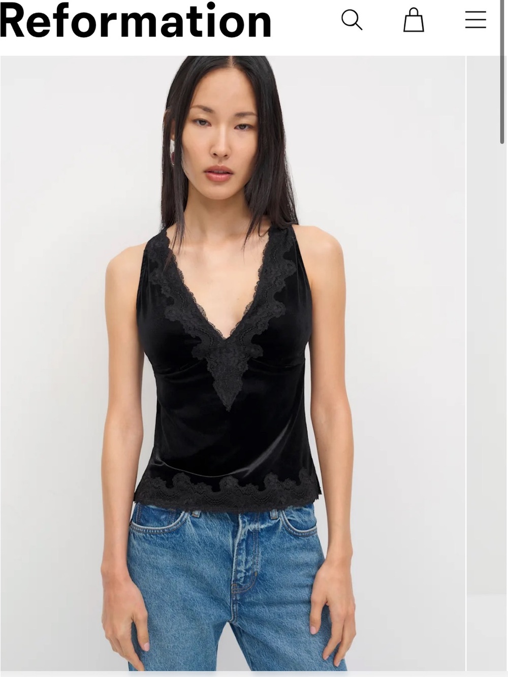 Reformation Ashlynn Knit Top Black Velvet Lace-Trim V-Neck Camisole